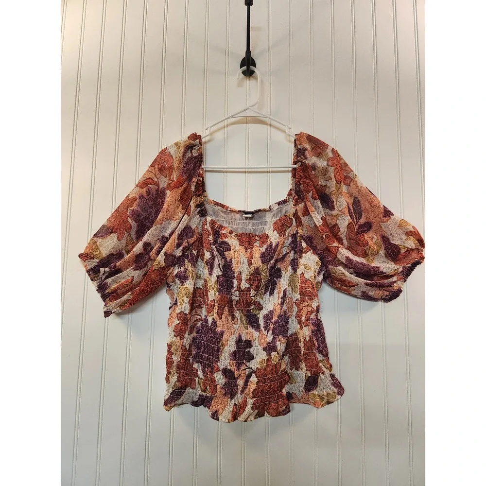 Old Navy Women XL Floral Smocked Puff Sleeve Blouse Square Neck Orange Purple‎